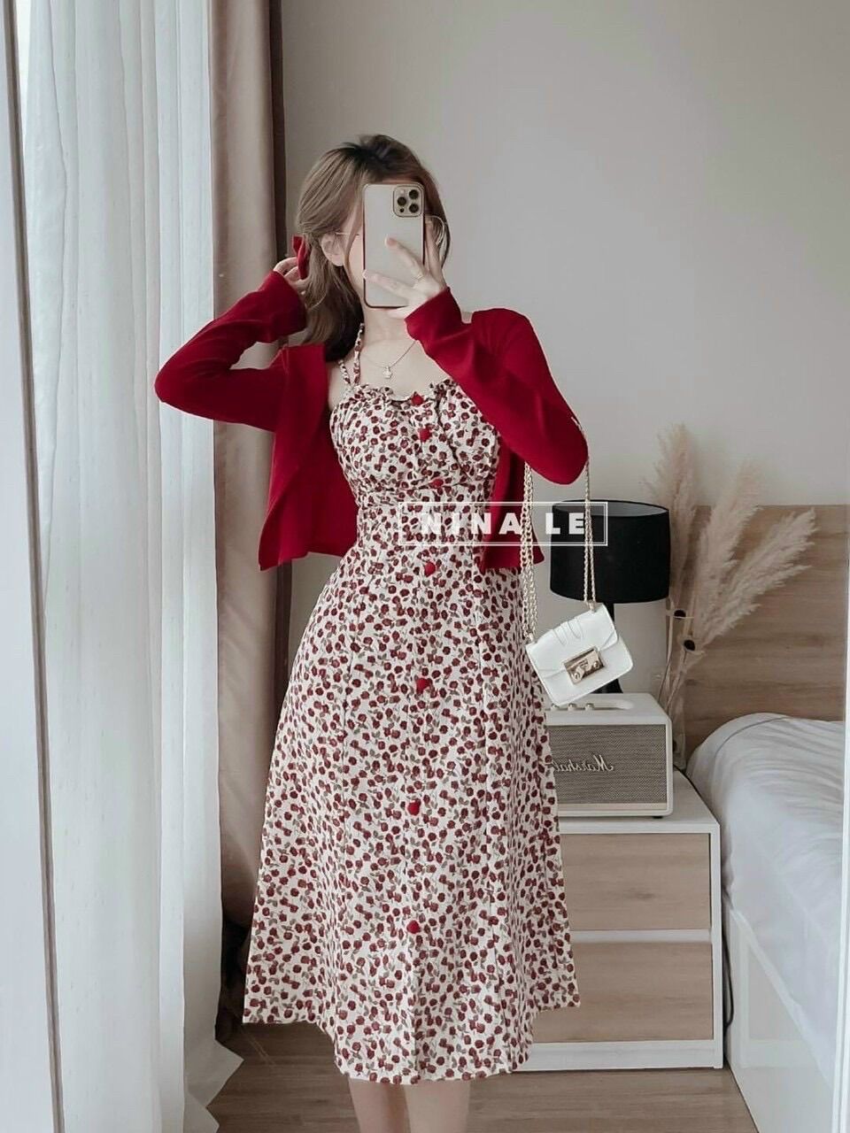 [Shop bigsize nữ 50kg-90kg] Đầm hoa hai dây kèm áo khoát đỏ