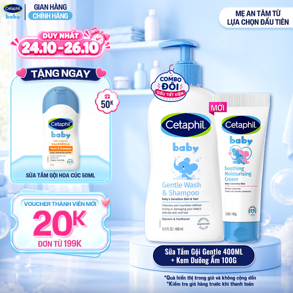 Combo Sữa tắm gội dịu lành cho bé CETAPHIL BABY GENTLE WASH  SHAMPOO 400ML  Kem làm dịu và dưỡng ẩm cho bé Cetaphil Baby Soothing  Moisturising Cream tuýp 100g