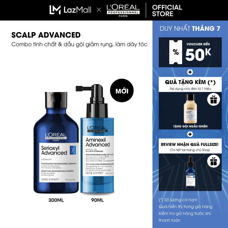 Combo Tinh chất giảm rụng Aminexil Advanced 90ml & dầu gội Serioxyl Advanced làm dày tóc chuyên nghiệp 300ml