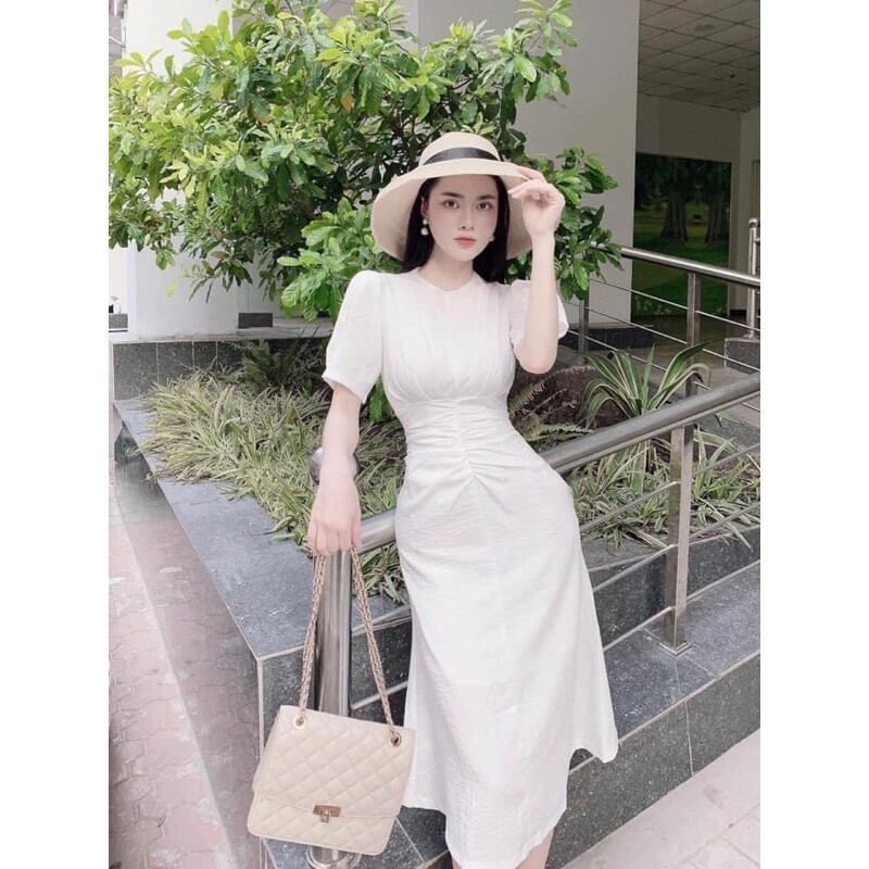 Đầm trắng MiDi Nhíu Eo Tay Phồng