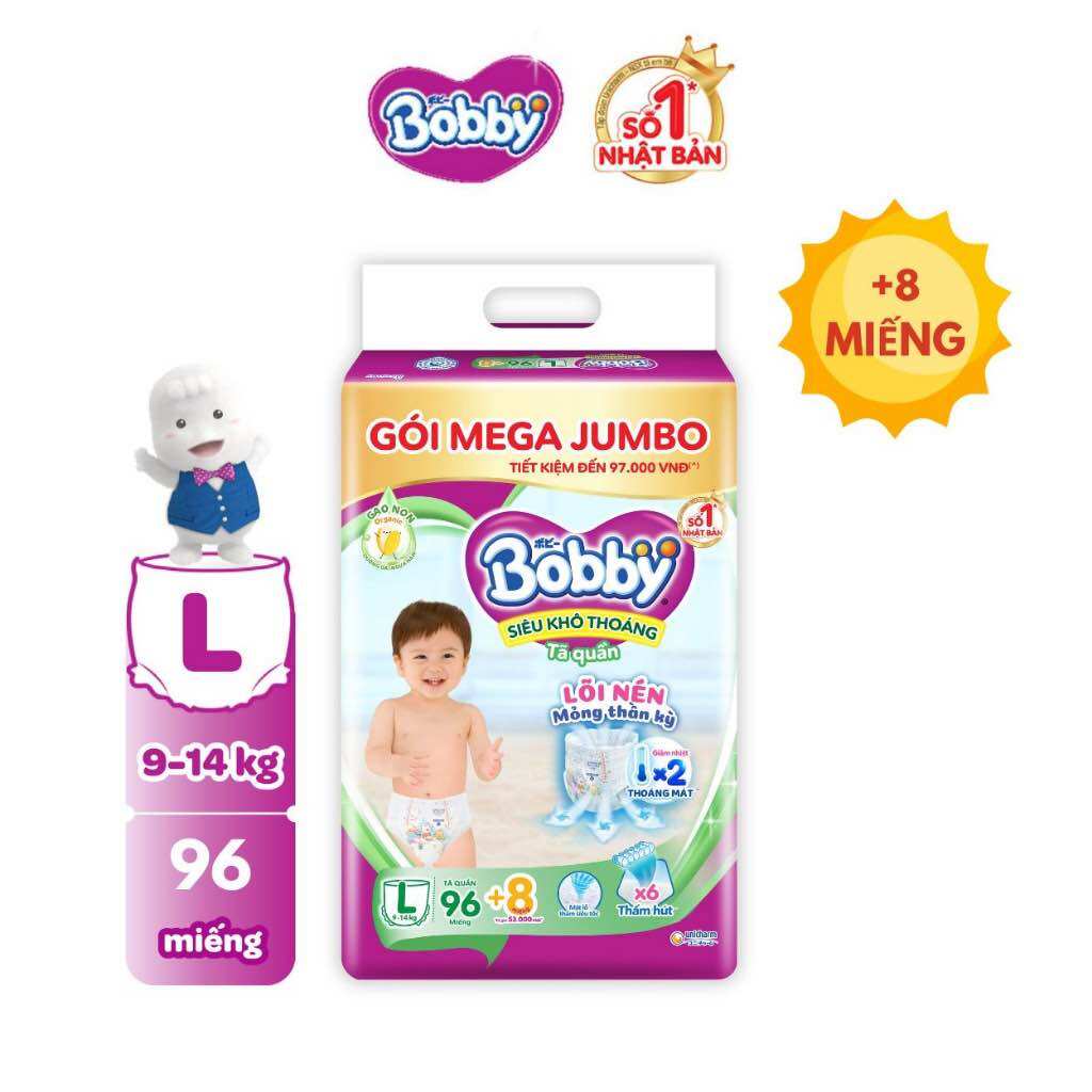 ( Tặng 8 miếng ) TÃ QUẦN BOBBY MEGA JUMBO L96+8 MIẾNG
