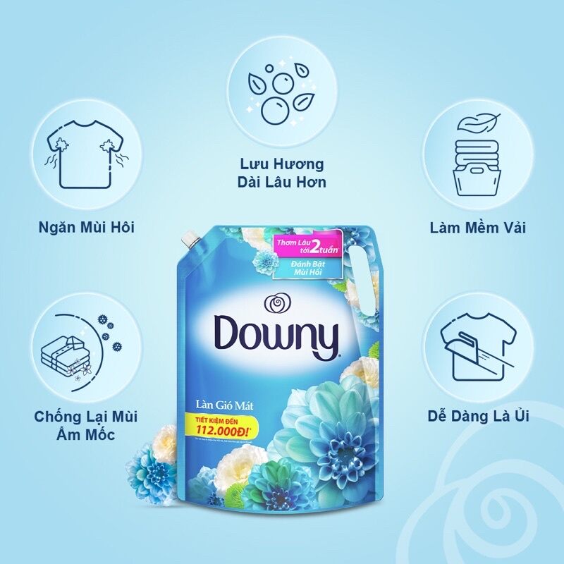 Nước xả vải Downy Túi 3L nắng mai, làn gió mát, kháng khuẩn dịu nhẹ