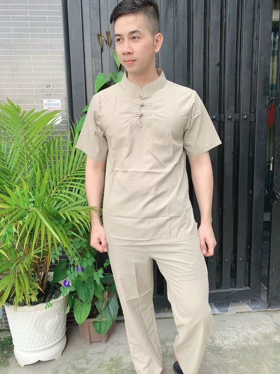 Đồ lam đi chùa nam ngắn tay 3 nút