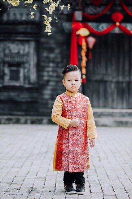 Áo dài bé trai / Áo dài gấm bé trai chất mềm mát size 7ky - 40ky