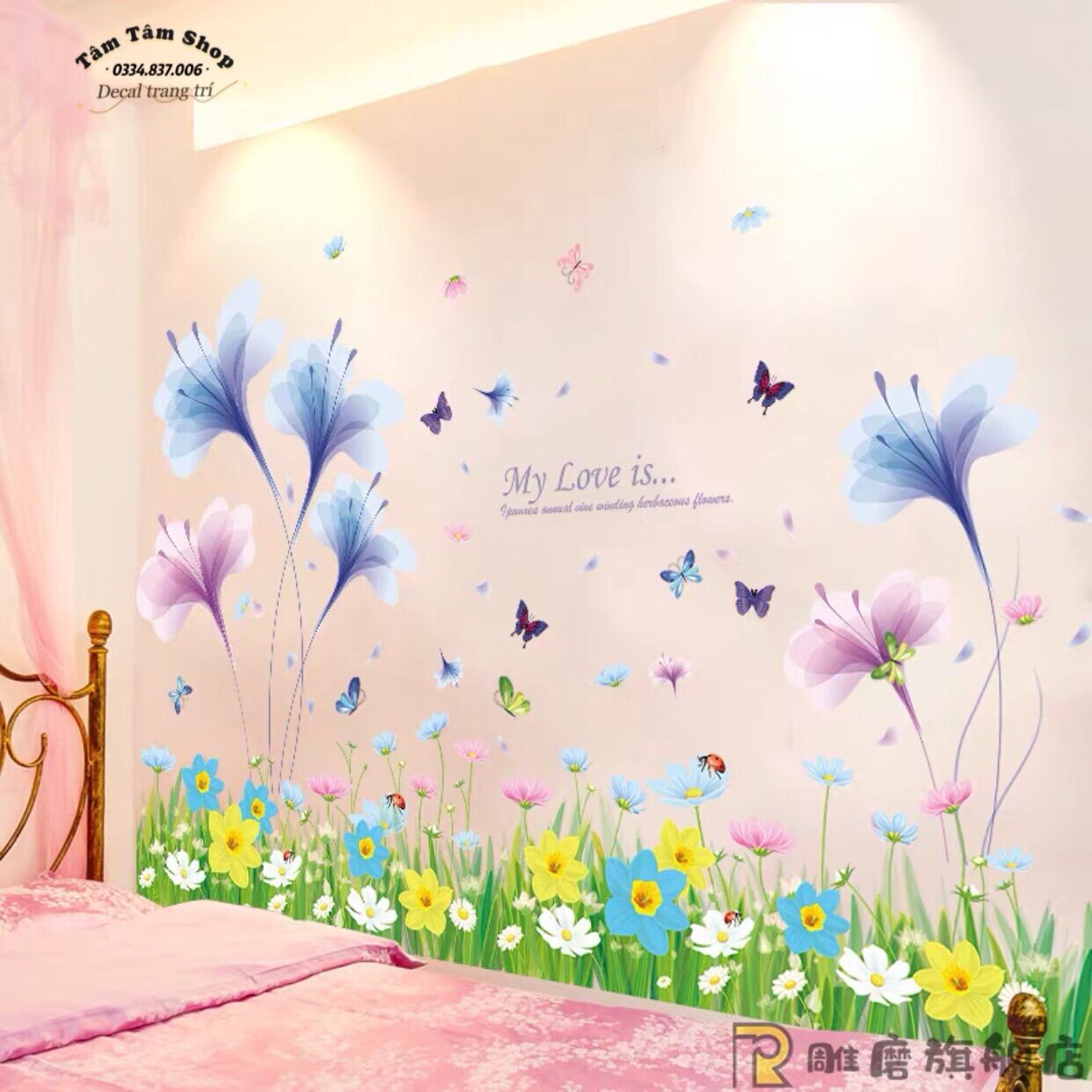 Decal dán tường chân cỏ sắc màu và hoa tím