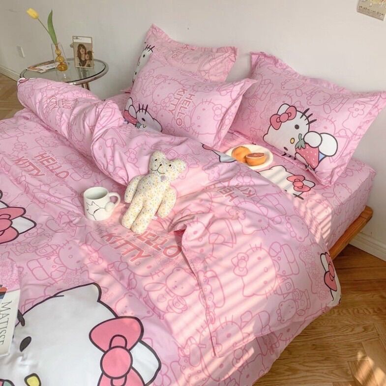 Chăn ga gối cotton poly - Mẫu hello kitty.