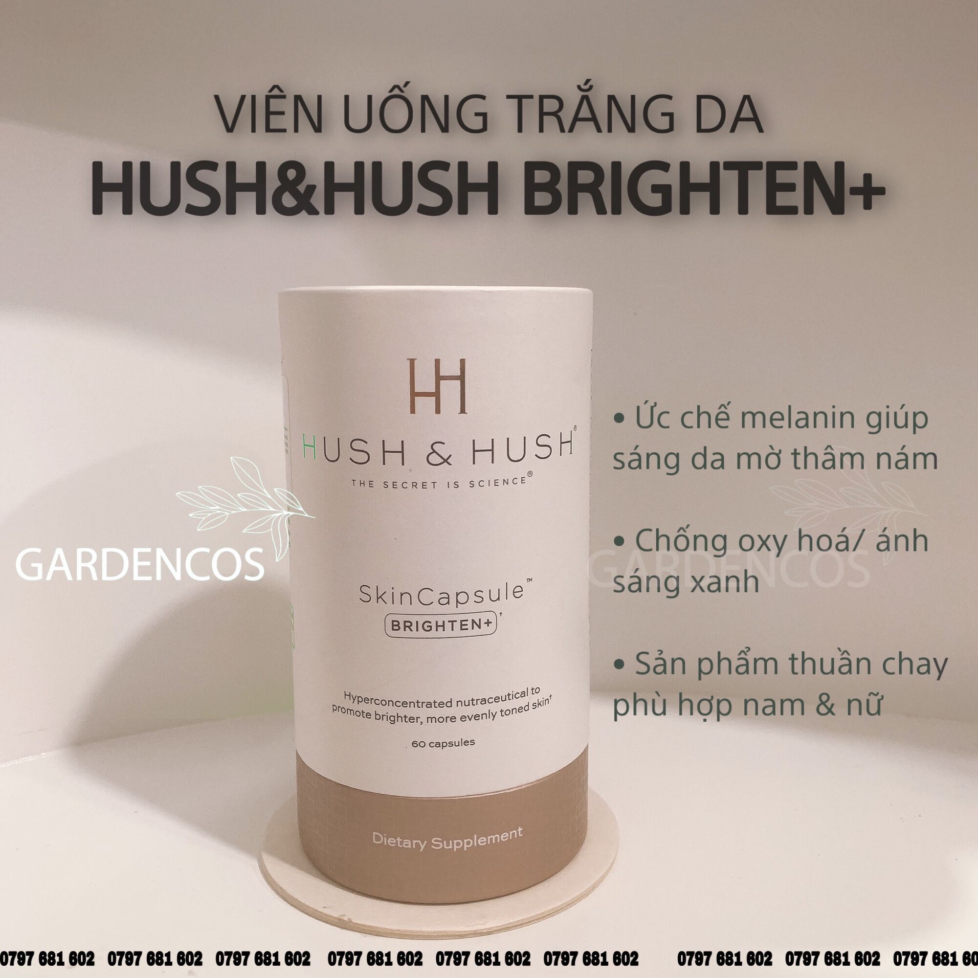 Viên Uống Sáng Da Mờ Nám Skin Capsule Brighten+ Hush&Hush - Gardencos