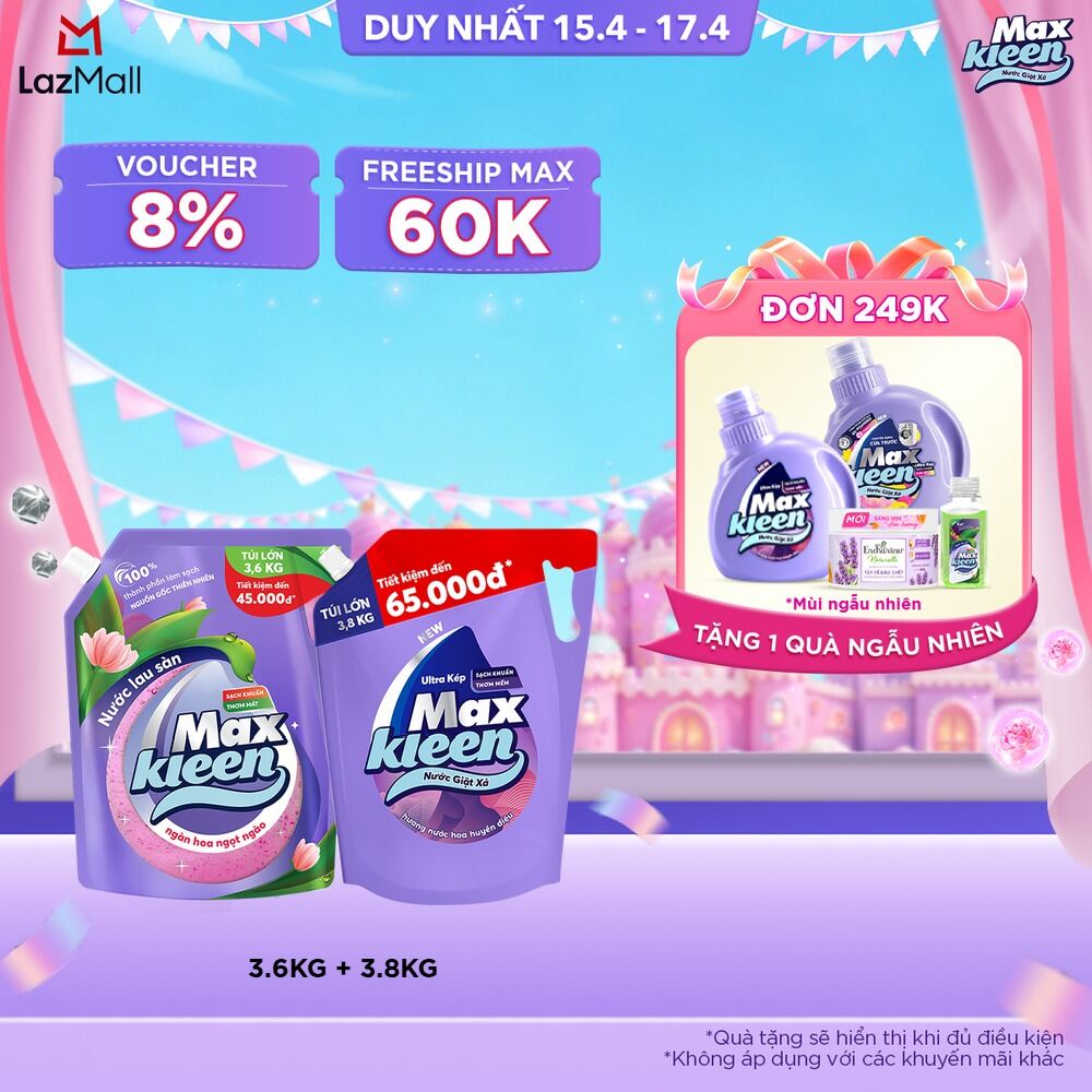Combo Túi Nước Lau Sàn MaxKleen 3.6kg Ngàn hoa ngọt ngào + Túi Nước Giặt Xả MaxKleen 3.6kg/3.8kg (Hoa Nắng/Huyền Diêu/Vườn Sớm Mai/Thiên Nhiên)