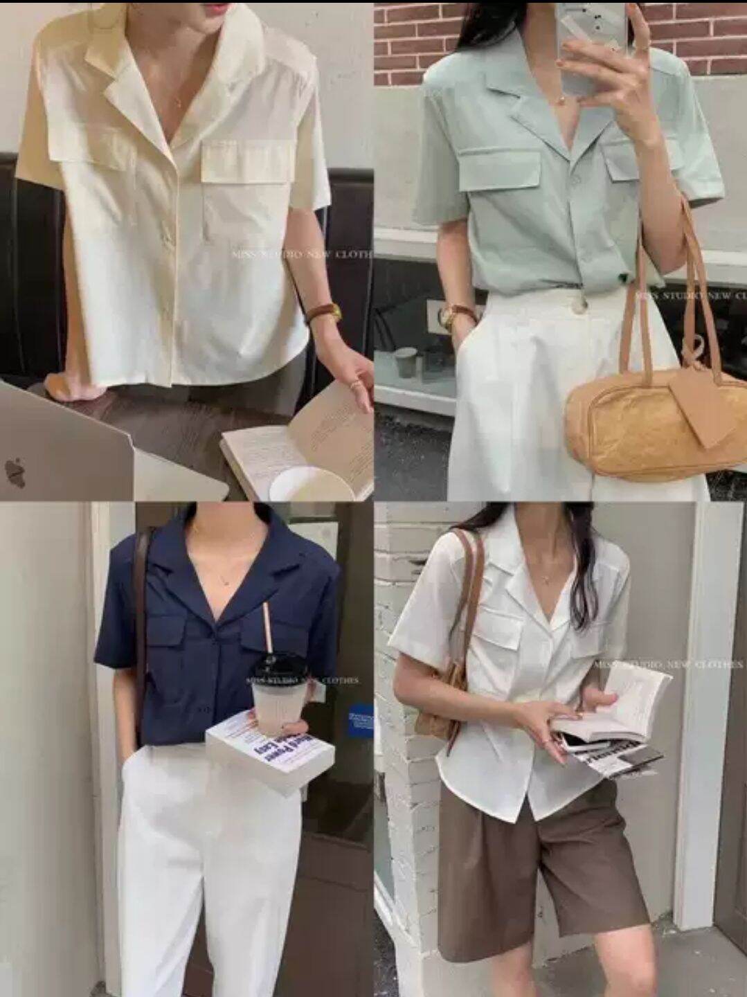 Áo sơ mi cổ vest túi hộp chất đũi trơn