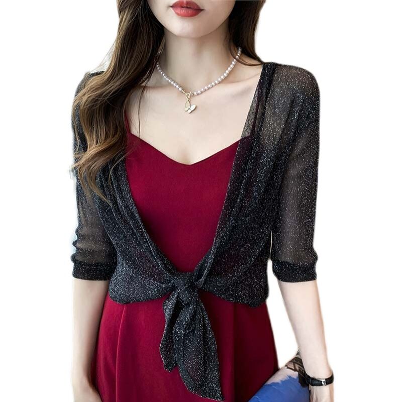 Áo Chống Nắng Áo Choàng Vai Áo Khoác Nhỏ Hai Dây Phối Bên Ngoài Mẫu Mỏng Cardigan Voan Lưới Rộng Rãi Có Dây Sợi Sáng Mẫu Mới Mùa Hè Cho Nữ Sành Điệu