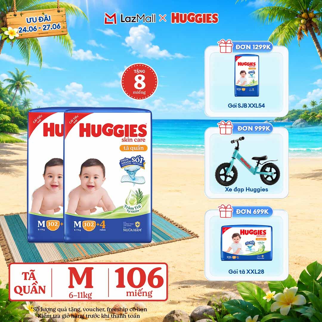 [Chỉ 25-29.06 GIẢM THÊM 90K] Combo 2 Gói Tã/bỉm quần HUGGIES SKINCARE MEGA JUMBO size M102+4 miếng