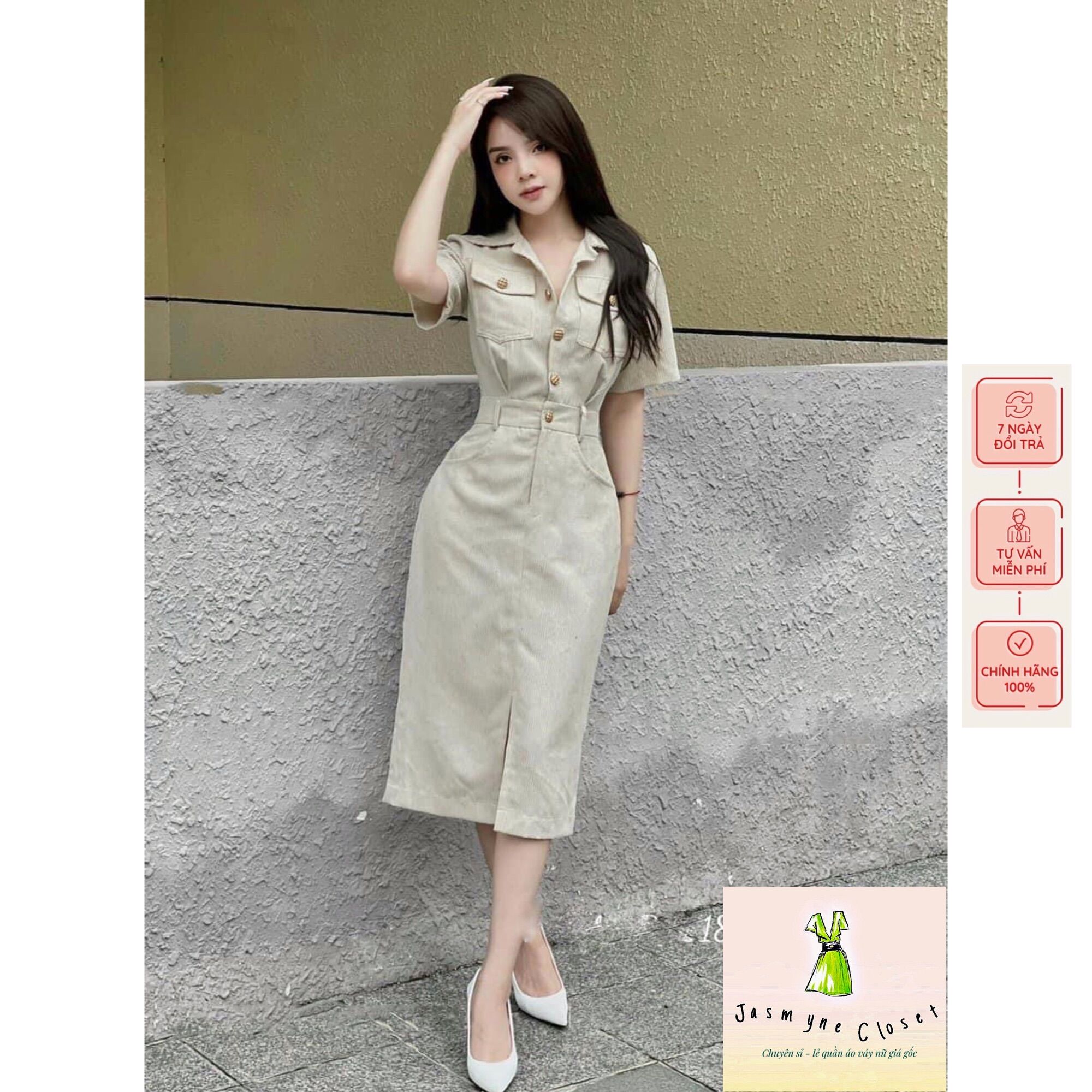 Váy polo, váy dáng dài, váy dài xẻ kết hợp túi ngực S150