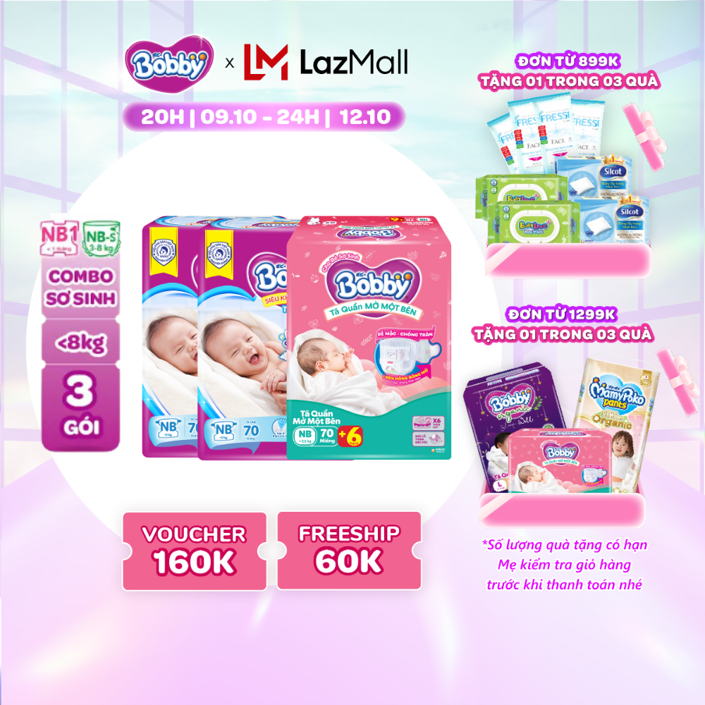 [CHỈ 20H 09-12/10 QT Đơn 899K/1199K][TẶNG MIẾNG NGẪU NHIÊN] Combo sơ sinh gồm 02 gói Tã dán Bobby NB70 miếng và  01 gói Tã quần mở một bên NB-S 74 miếng