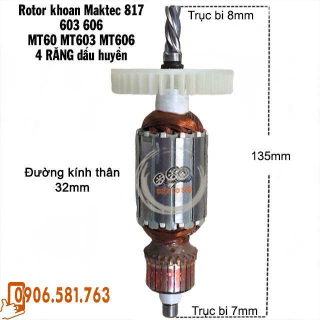 (Hàng DCA) Rotor khoan Maktec MT60 MT603 MT606, Makita M0600B M8103B dây đồng 220V - Tặng chổi than