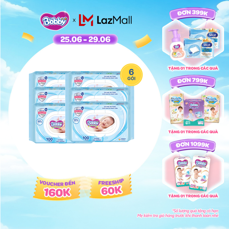 [SALE CUỐI THÁNG tặng QUÀ TO-SLCH]Combo 6 gói khăn ướt Bobby Care không hương 100 miếng/gói