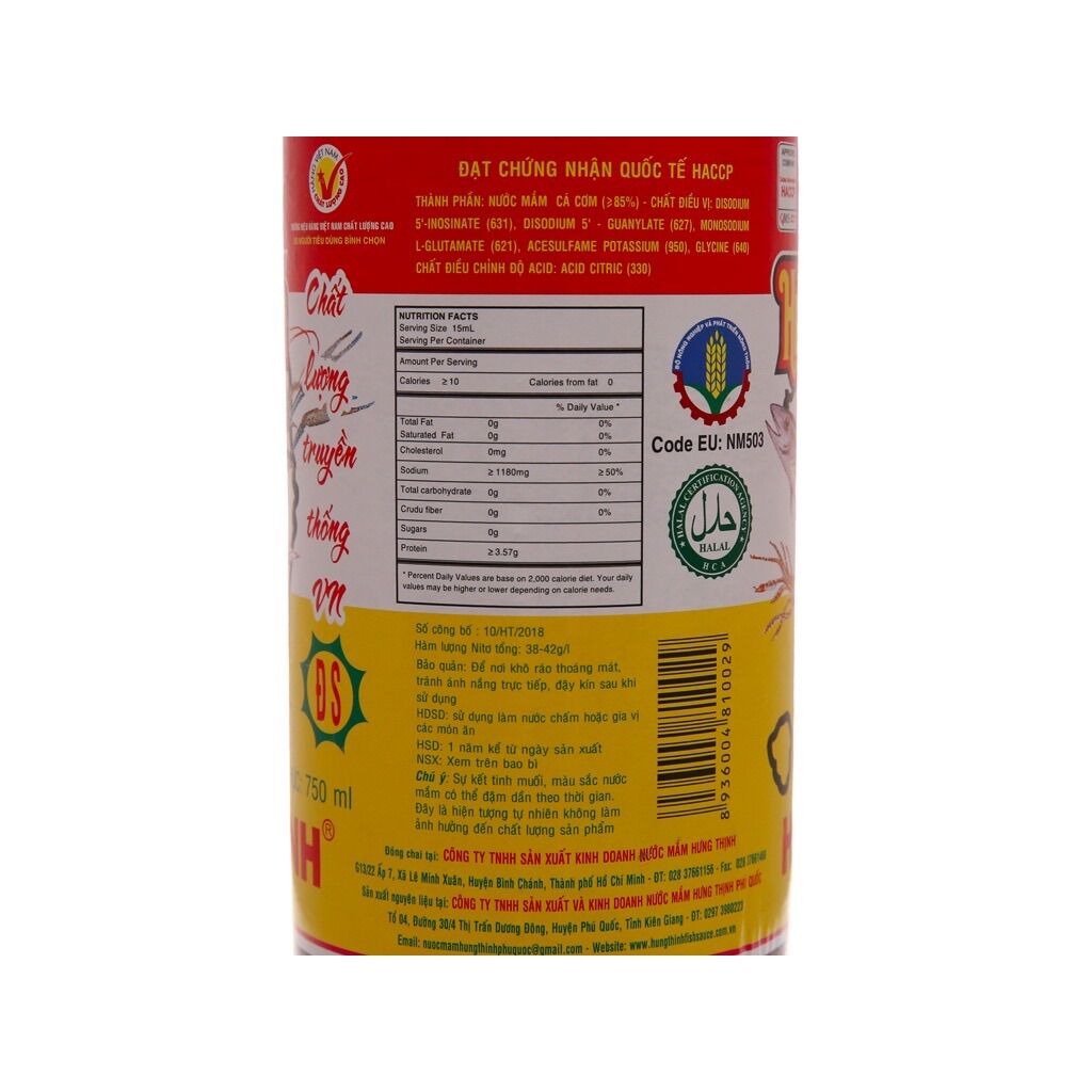 nước mắm hưng thịnh 40 độ đạm 750ml