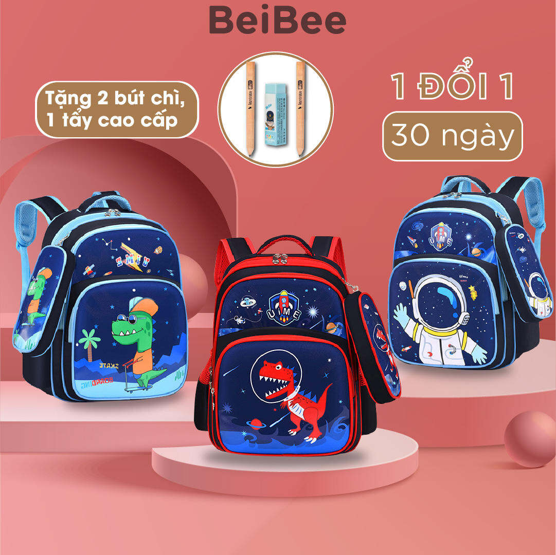 Cặp cho học sinh cấp 1 BeiBee, Balo học sinh cấp 1 mã B02T kèm bóp viết và có 3 ngăn dây kéo cỡ lớn 42 cm cho bé tiểu học