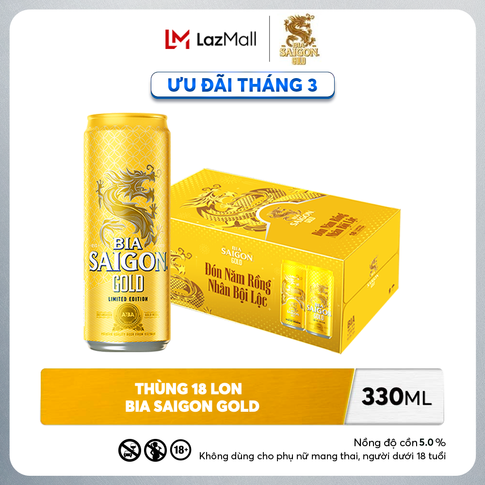 Nồng Độ Cồn 5.0% - Thùng 18 Lon Bia Sài Gòn Gold 330ml