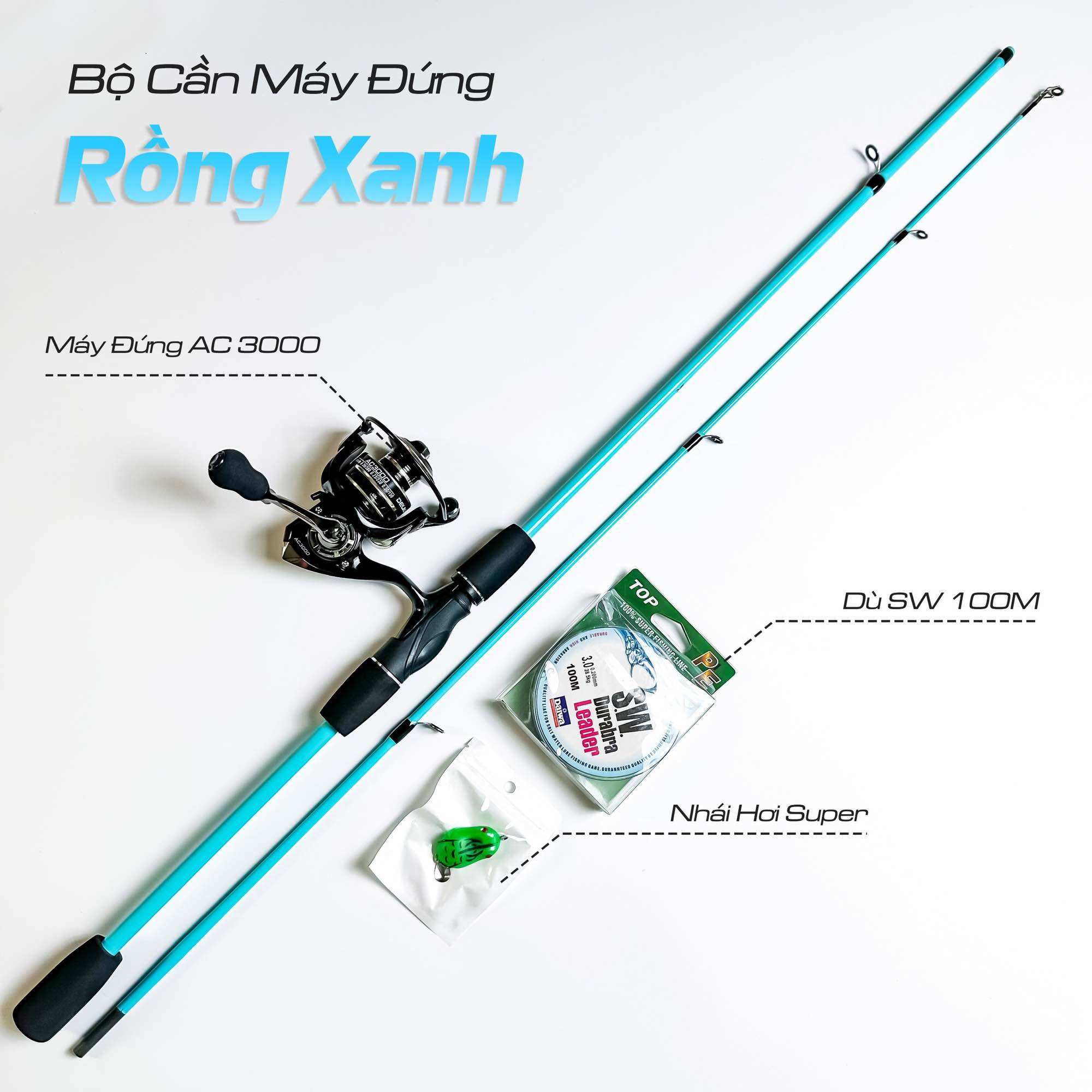 Bộ cần câu lure đứng carbon SaSuKe xanh ngọc máy câu Deukio Ac