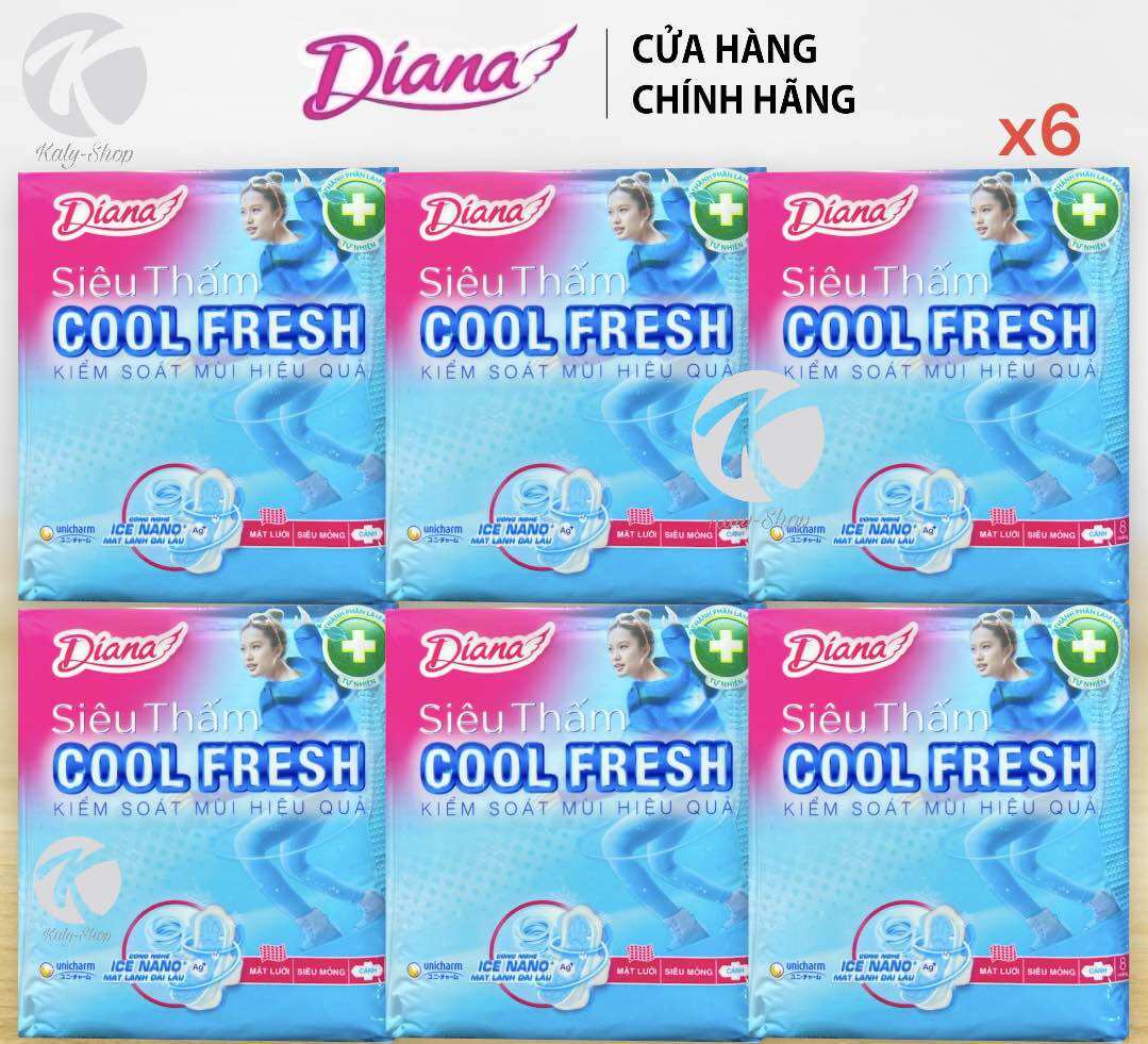 Combo 6 Băng vệ sinh Diana Siêu thấm Cool Fresh Siêu mỏng Cánh gói 8 miếng [ Mẫu Mới ]