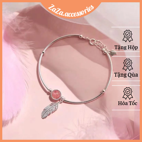 Vòng tay nữ bạc s925 - lắc tay nữ bạc ý đá hồng lông vũ dễ thương, thanh lịch zaza accessories zvt0073