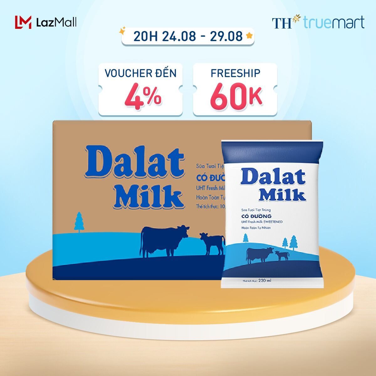Thùng 48 bịch sữa tươi tiệt trùng Dalatmilk có đường 220 ml (220 ml x 48)