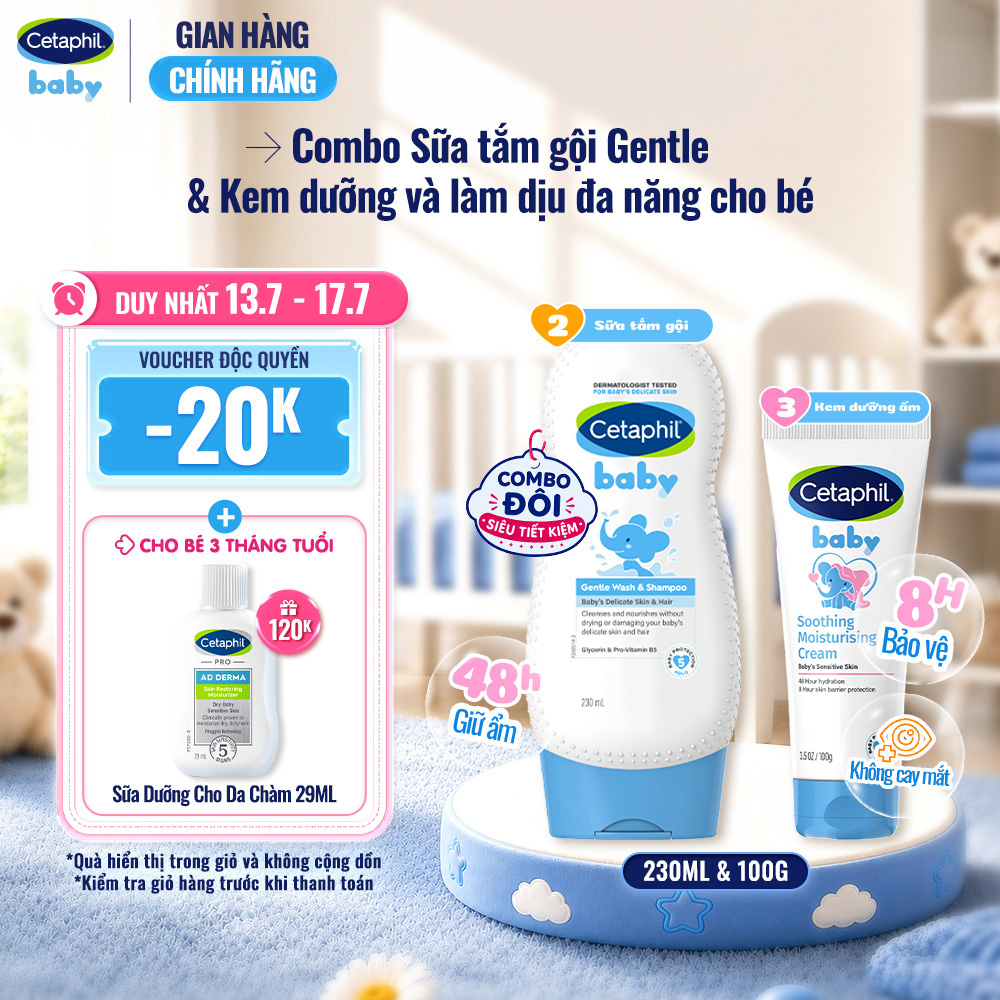 Combo 2 bước Sữa tắm gội dịu lành 230ml + Kem dưỡng ẩm làm dịu đa năng Cetaphil Baby 100Gr