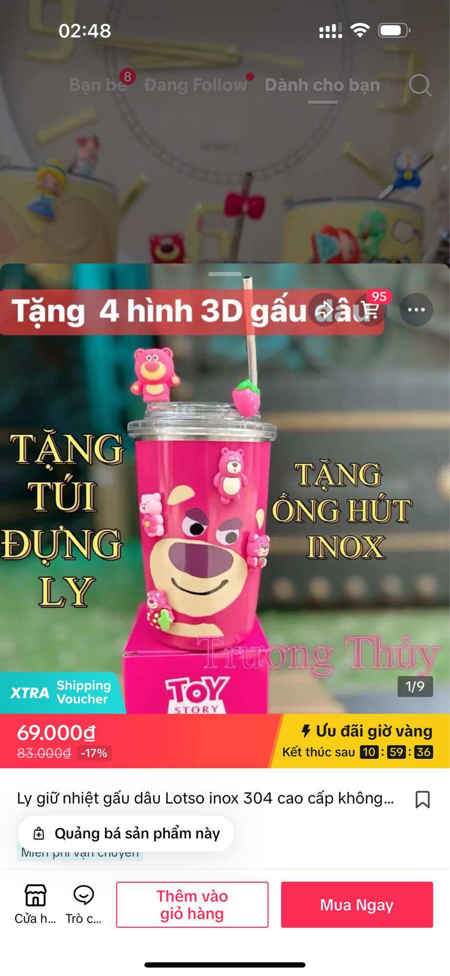 [Chính Hãng] Ly Giữ Nhiệt Gấu Dâu 450ML