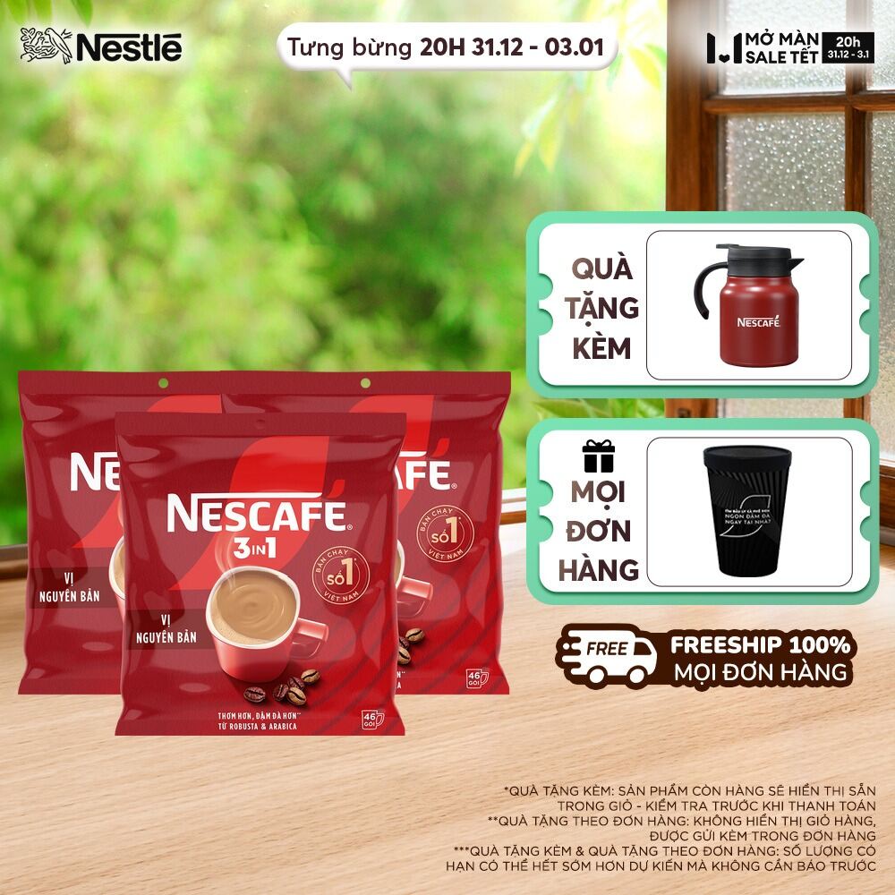 ƯU ĐÃI THÁNG 1 FREESHIP HCM Combo 3 Bịch NESCAFÉ 3IN1 Công thức cải tiến - VỊ NGUYÊN BẢN Bịch 46 gói