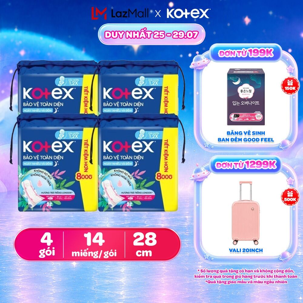Lốc 4 Gói băng vệ sinh Kotex Bảo Vệ Toàn Diện Ngày Nhiều và Đêm 28cm Siêu Mỏng Cánh 14 miếng/gói [Bao bì thay đổi theo từng đợt nhập hàng]