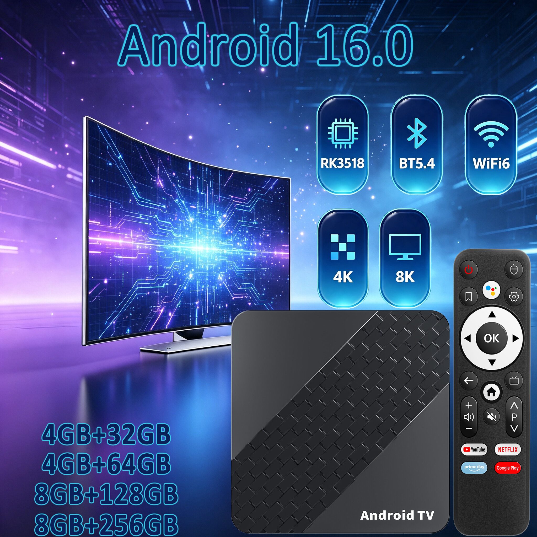 Hộp Tivi Thông Minh X10 4K 8K HDR Android 16 Dual WiFi6 BT5.4 8GB 256GB RK3518 Điều Khiển Bằng Giọng Nói Netflix YouTube Máy Nghe Nhạc Media Rạp Hát Tại Nhà