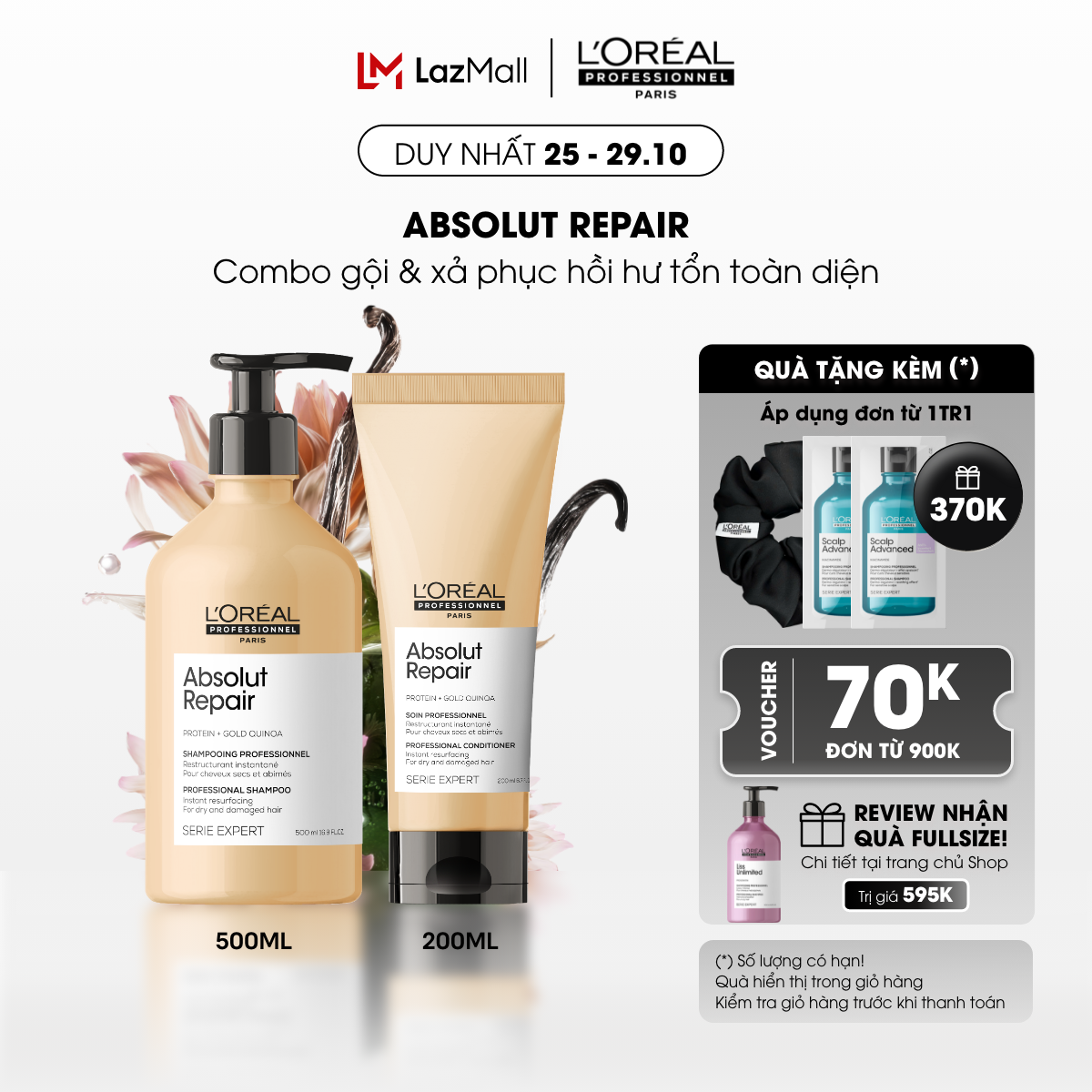 Combo Gội 500ml & Dầu Xả 200ml Absolut Repair dưỡng tóc mềm mượt & phục hồi hư tổn toàn diện.