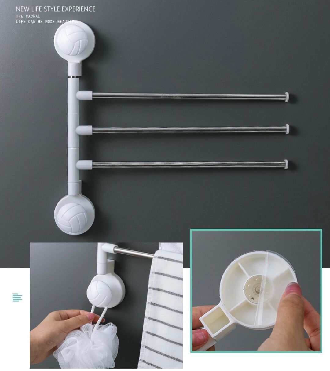 Kệ treo khăn dán tường 3 thanh inox xoay 180 độ móc bông tắm