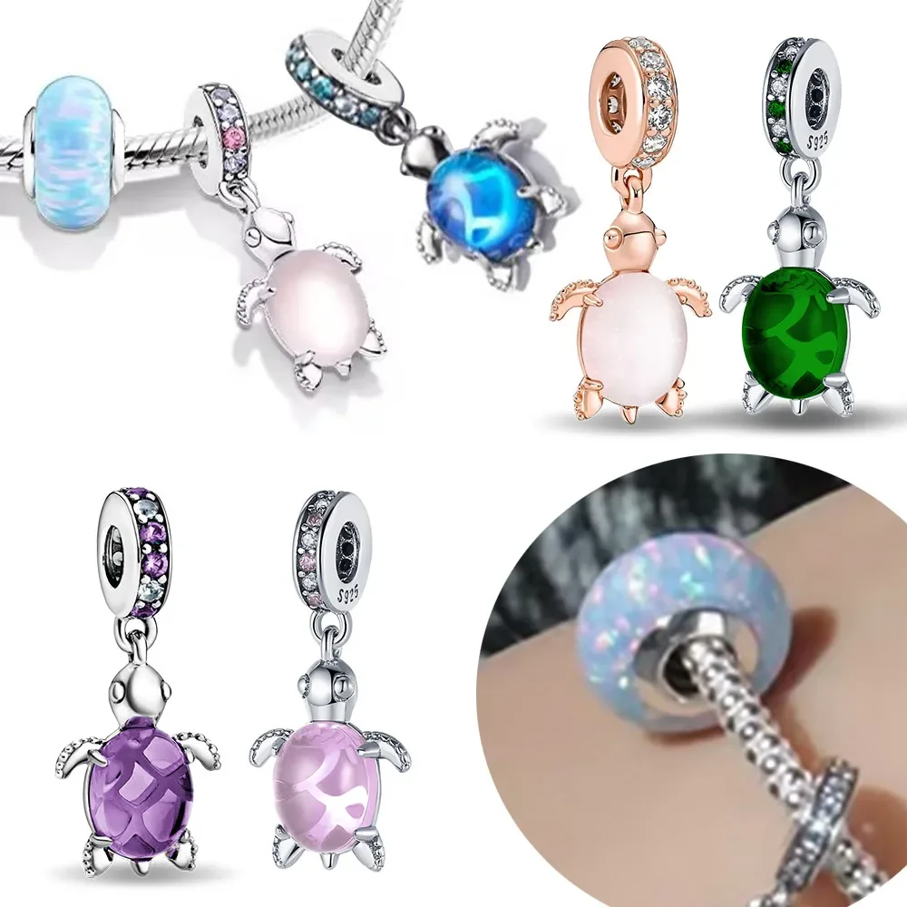 Màu Hồng Đại Dương Rùa Biển Tòn Ten Đính Hạt Mặt Dây Chuyền Nhiều Màu Sắc Pandora Charm Bạc 925 Vòng