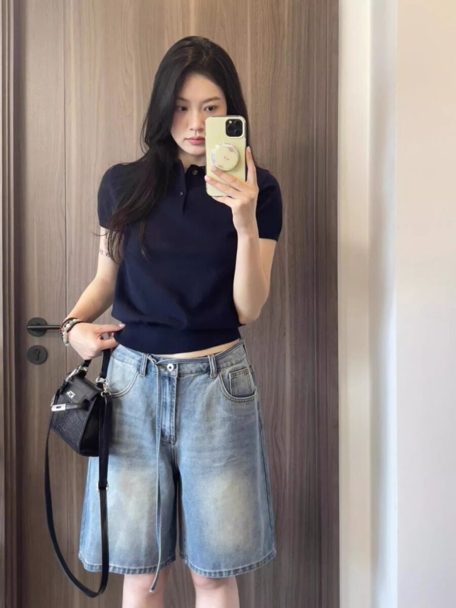 Holis Áo Sơ Mi Nữ Slim Fit Dệt Kim Áo Thun Nữ Tay Ngắn Độc Đáo Đẹp Phong Cách Mùa Hè Quần Áo Công Sở