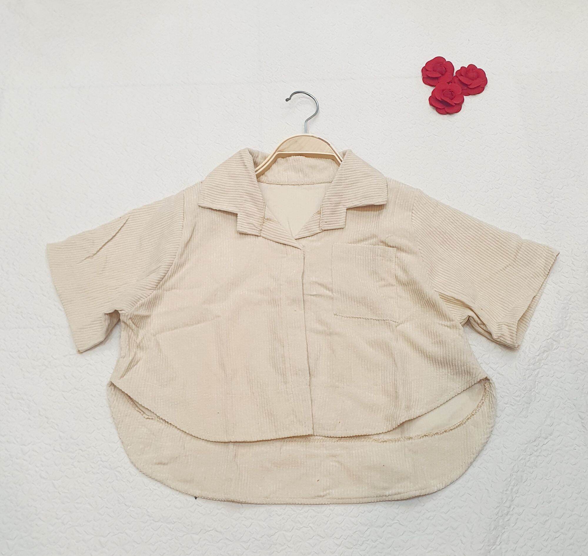 Áo sơmi nhung croptop cổ bẻ vạt bầu siêu xinh cho phái nữ