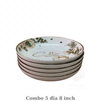 Combo 5 đĩa gốm sứ 23cm, đĩa gốm sứ hoa văn cao cấp,dĩa sứ