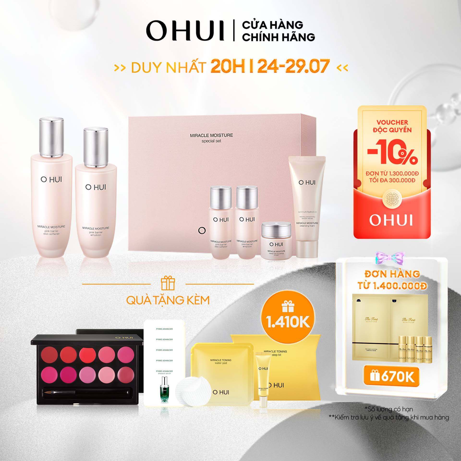 Bộ dưỡng ẩm căng mượt sáng da toàn diện 6 món OHUI Miracle Moisture Pink Barrier Set 367ml