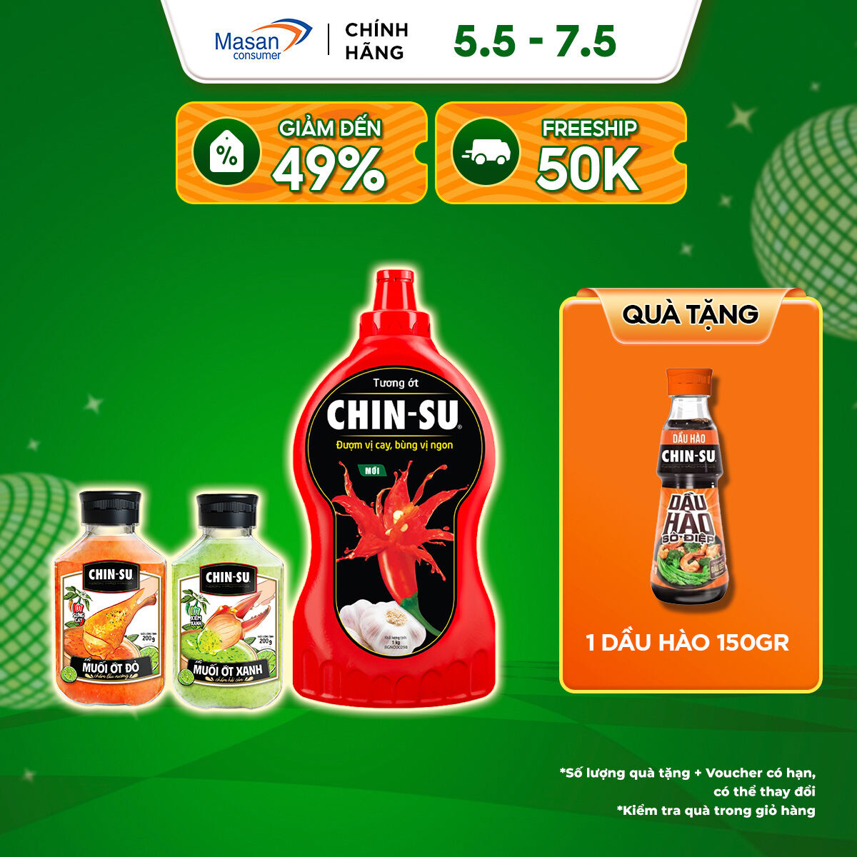[05-07.5 Voucher 18% CHO ĐƠN TỪ 199k]Combo 1 Xốt Muối Ớt Xanh + 1 Xốt Muối Ớt Đỏ + 1 Tương Ớt Chinsu