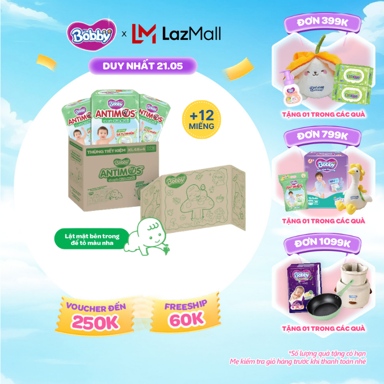[SALE CUỐI THÁNG tặng QUÀ TO-SLCH][THÙNG TIẾT KIỆM TÔ MÀU] Combo 3 gói tã Quần Xua Muỗi Bobby Antimos – Hàng rào Sả tự nhiên Bye Muỗi 8H - XL48+4