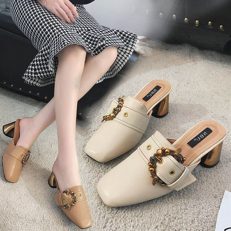Dép Sục Bít Mũi Dép Lê Mules Đế Dày Gót Cao Gót Vuông Vừa Người Lười Đi Bên Ngoài Mẫu Mới 2022 Thời Trang Mùa Hè Cho Nữ