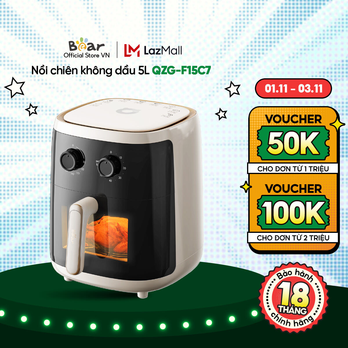 Nồi Chiên Không Dầu 5L Bear QZG-F15C7 - Thiết Kế Hiện Đại, Chống Dính Tốt