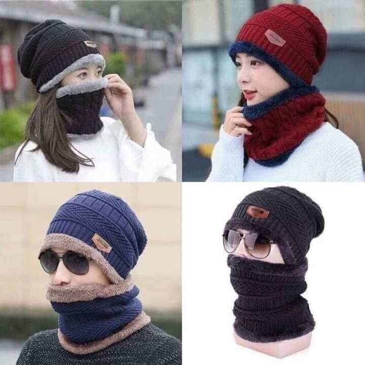 Set mũ khăn len lót lông ấm áp dành cho Nam, Nữ