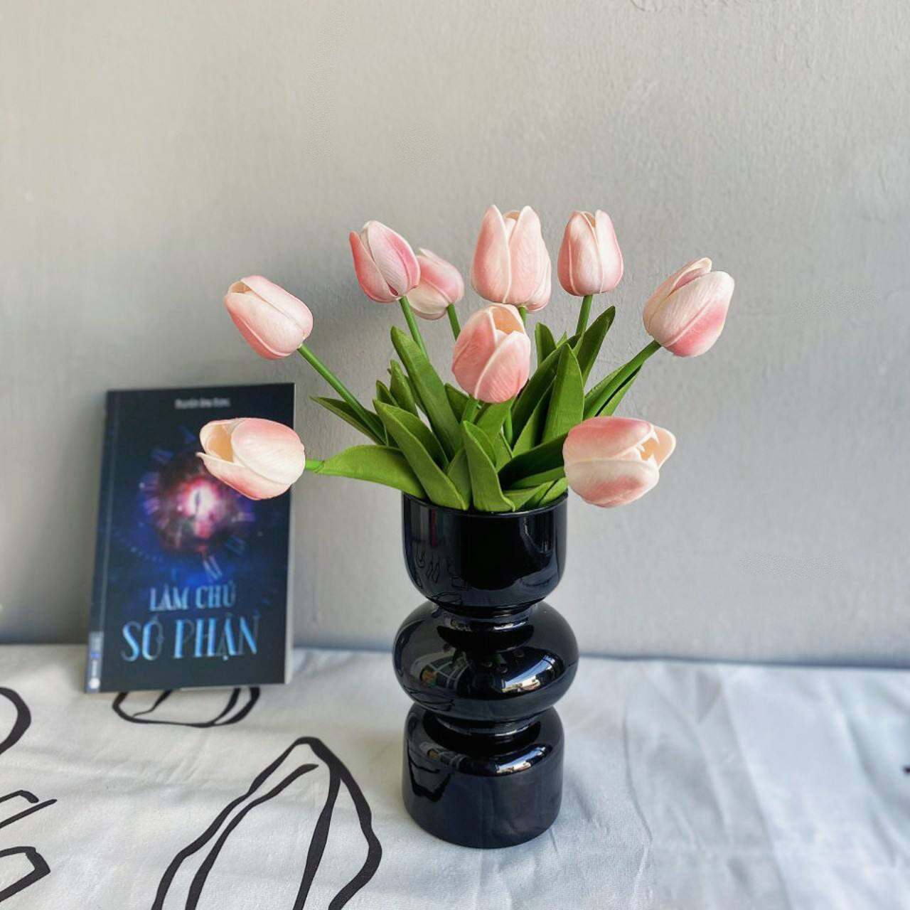 10 cành hoa tulip giả, hoa tulip giả kèm nơ và điện nháy, hoa tulip giả