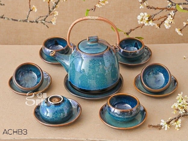 Bộ ấm chén gốm Bát Tràng men hoả biến xanh tinh vân