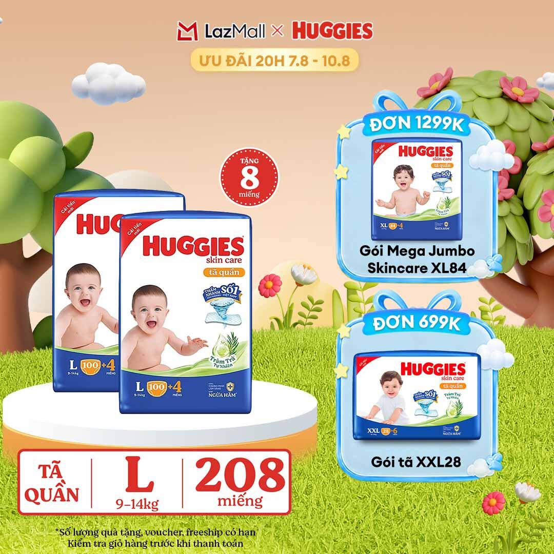 [20h 7-10.8 GIẢM THÊM 90K] Combo 2 Gói Tã/bỉm quần HUGGIES SKINCARE MEGA JUMBO size L100+4 miếng