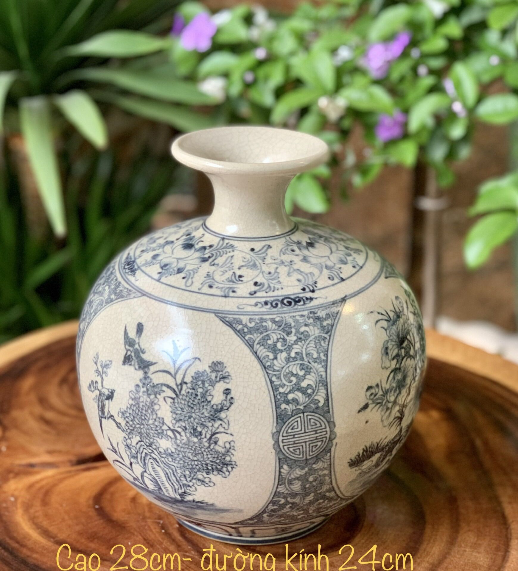 Bình hút tài lộc h28cm, men rạn cổ vẽ bổ khung tứ cảnh”xuân- hạ- thu- đông”. gốm sứ bát tràng.
