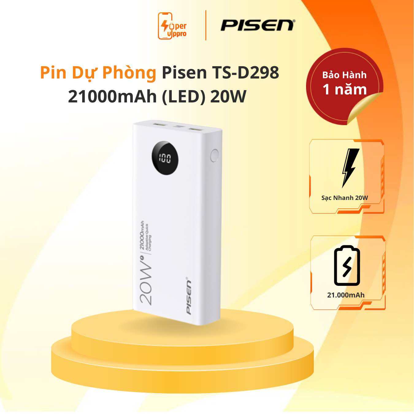 (Giá Hủy Diệt) Pin sạc dự phòng 21000mAh 20W Pisen TS-D298 2 USB QC3.0 TypeC PD 20W hiển thị LED(Chính Hãng-Bh:12T)