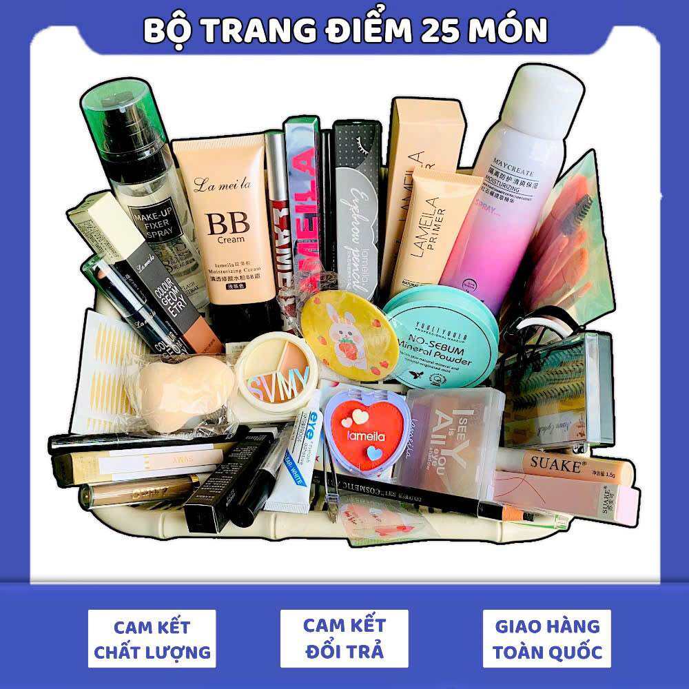 Bộ trang điểm đầy đủ 25 món makeup 13m,9m làm đẹp gồm xịt khoá nền, kem nền, phấn phủ, phấn mắt, phấn má, xịt chống nắng, kẻ mắt.. đầy đủ như hình