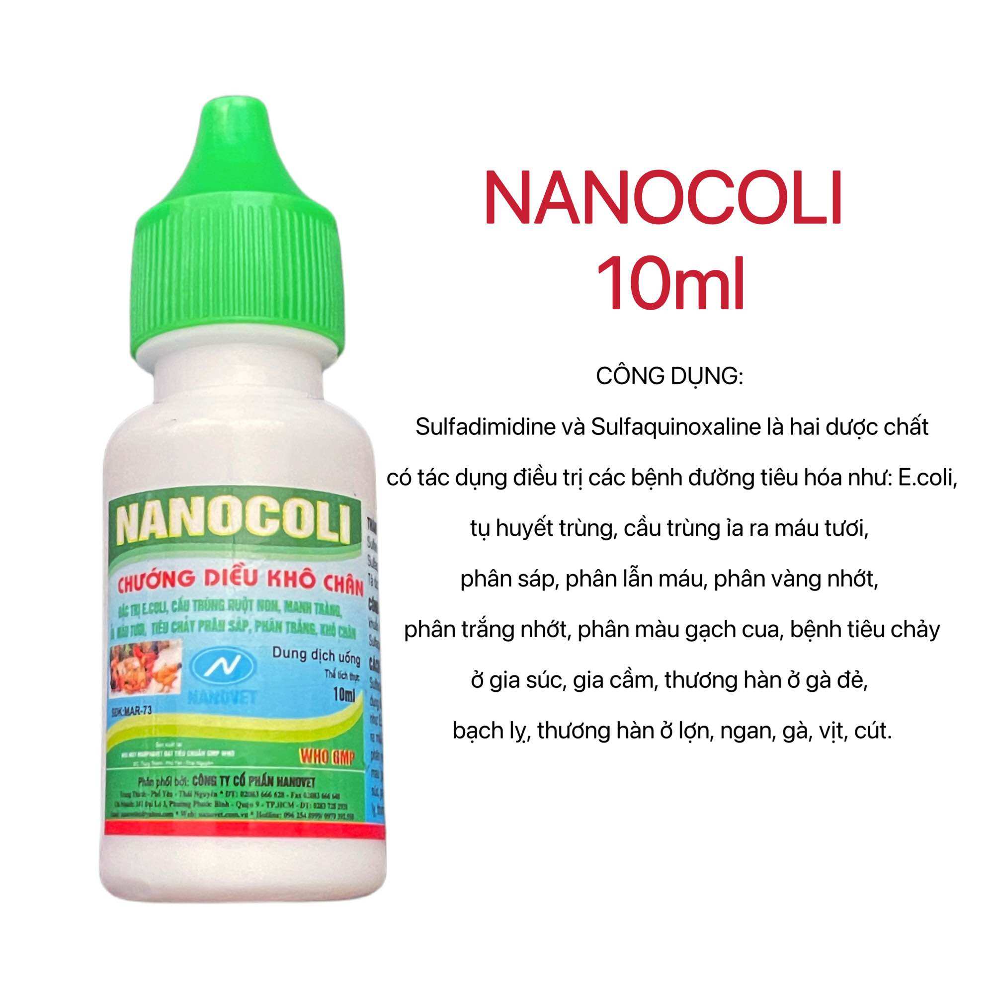 Nanocoli lọ 10ml trị chướng diều, khô chân, bệnh tiêu hoá, phân xấu, phân xanh trắng trên gà, vịt